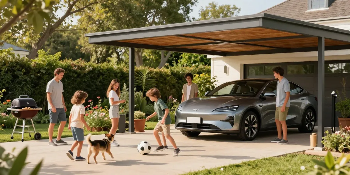 Moderne Carport-Szene mit Familie, die an einem sonnigen Tag spielt und einen Wagen schützt.