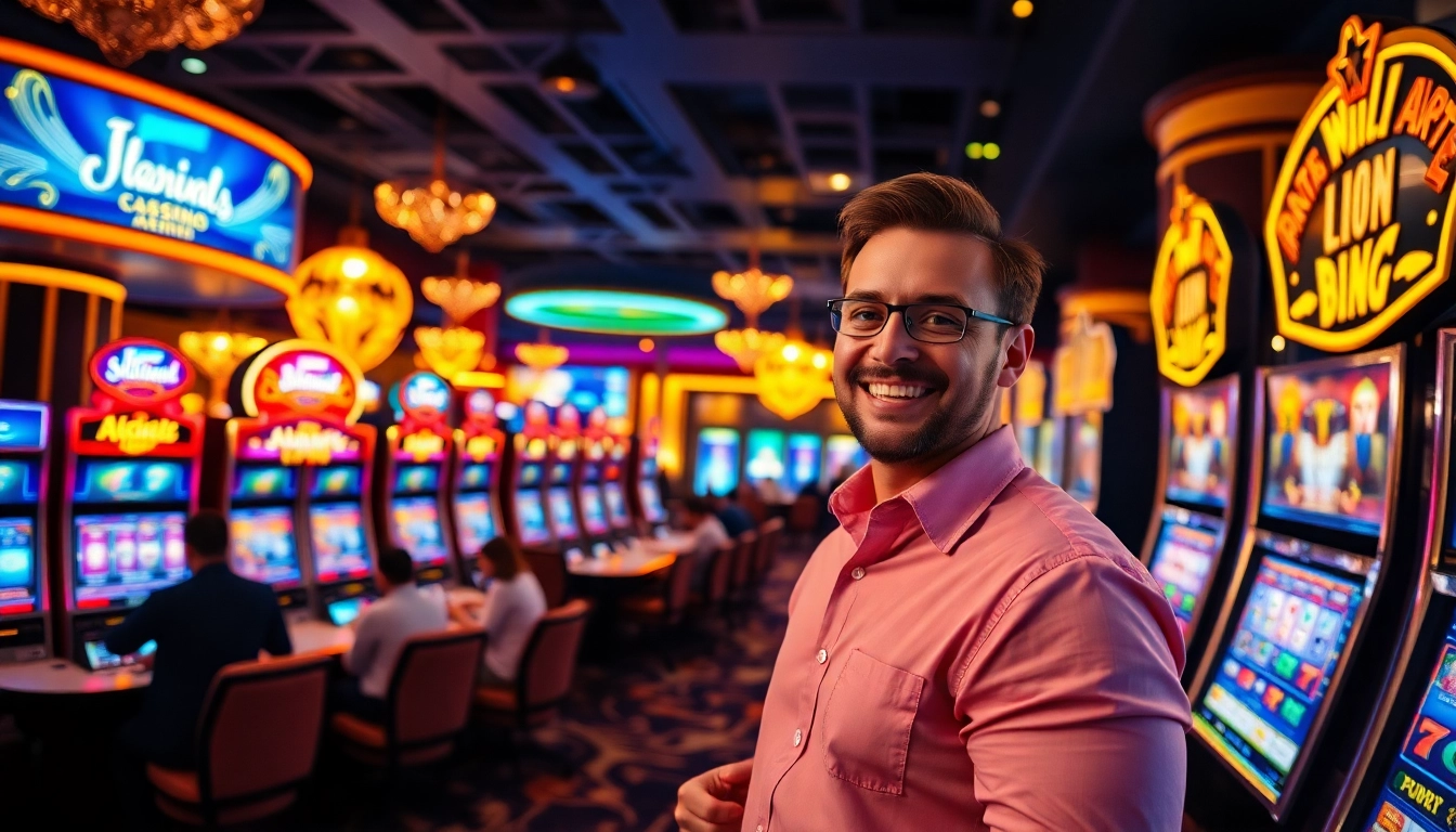 Spiller genießt seinen Gewinn im casinospiele.de, umgeben von bunten Spielautomaten und Casino-Atmosphäre.