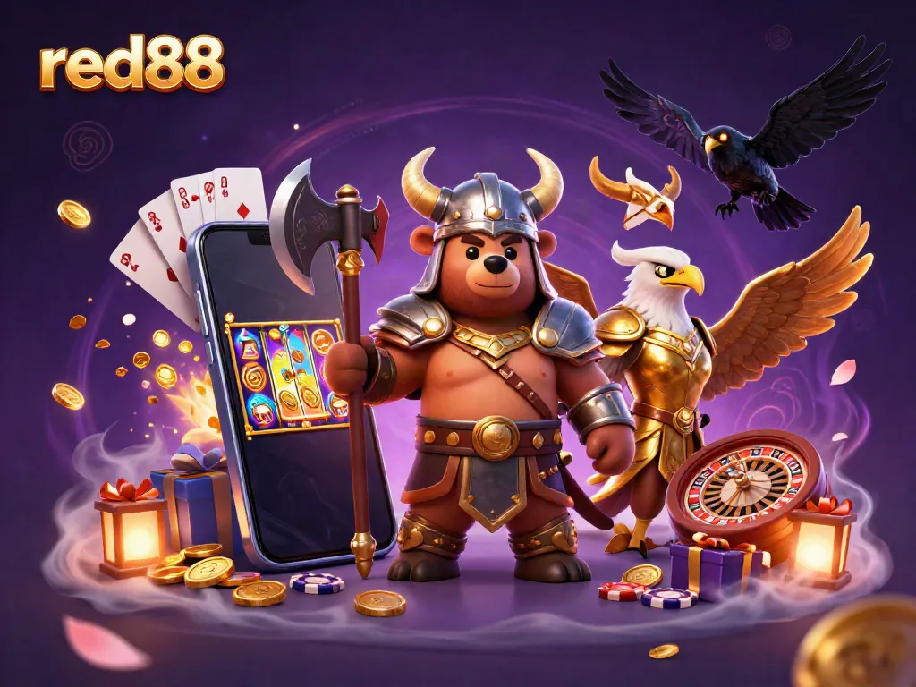 Experience the thrill of red88 with a Viking bear, eagle, and casino elements in vibrant 3D detail.