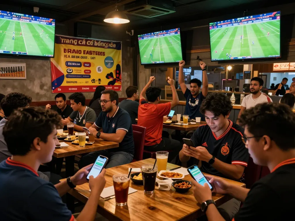 Engaged patrons using trang cá cược bóng đá app in a lively sports bar environment during live matches