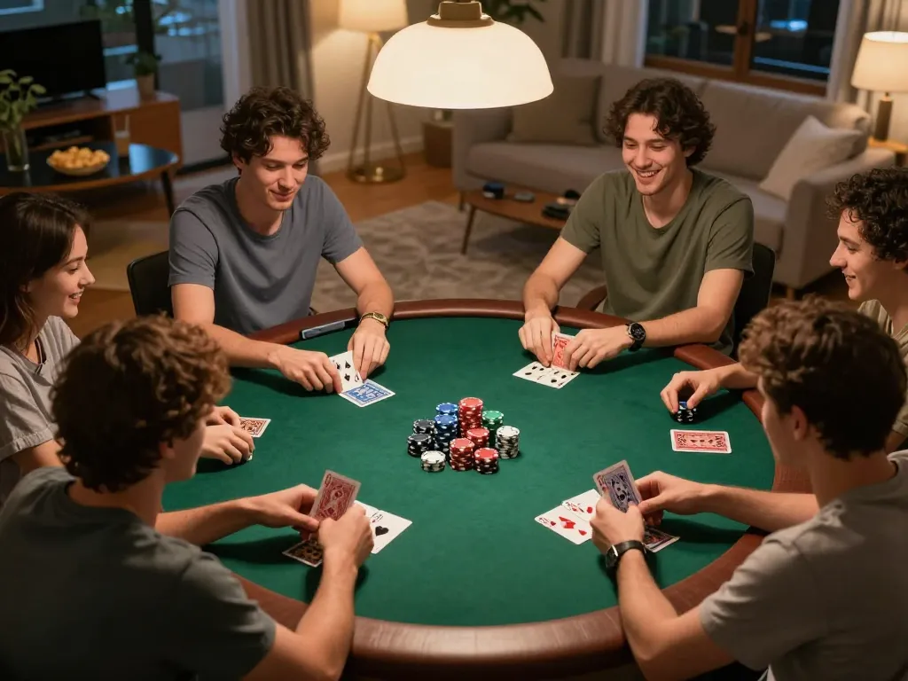 Engaging home poker game showcasing players in action with the Plagiat Scanner for strategizing.