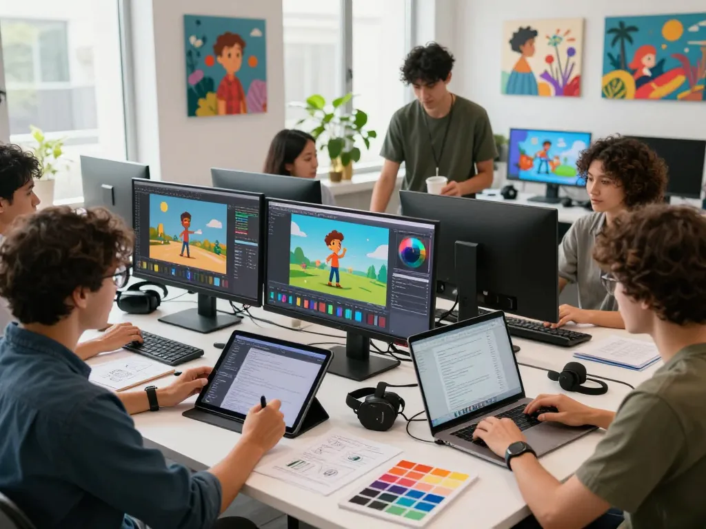 Diverse team of artists collaborating on animated projects with Kling AI 2.24 in a bright creative studio.