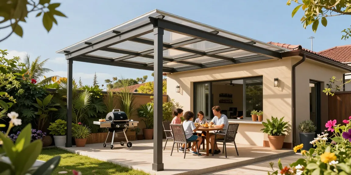 Freistehende Terrassenüberdachung in einem einladenden Garten mit Familie, die einen Grillabend genießt.