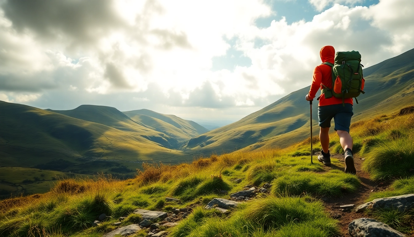 Wanderreise Irland: Ein Abenteurer wandert über die grünen Hügel Irlands mit atemberaubenden Ausblicken.
