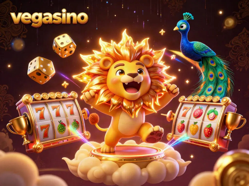 Experience the vibrant vegasino action with golden slot reels and a roaring sun lion in this energetic illustration.