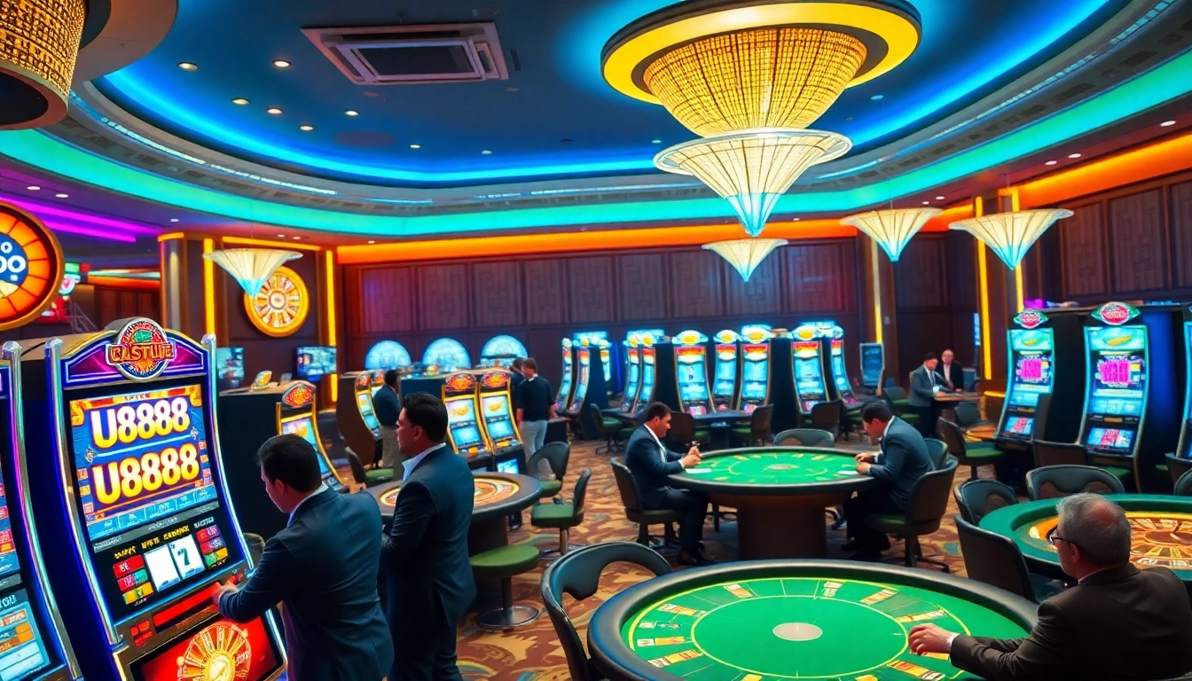 Experience the excitement of U8888 at a vibrant casino featuring slots and card games.