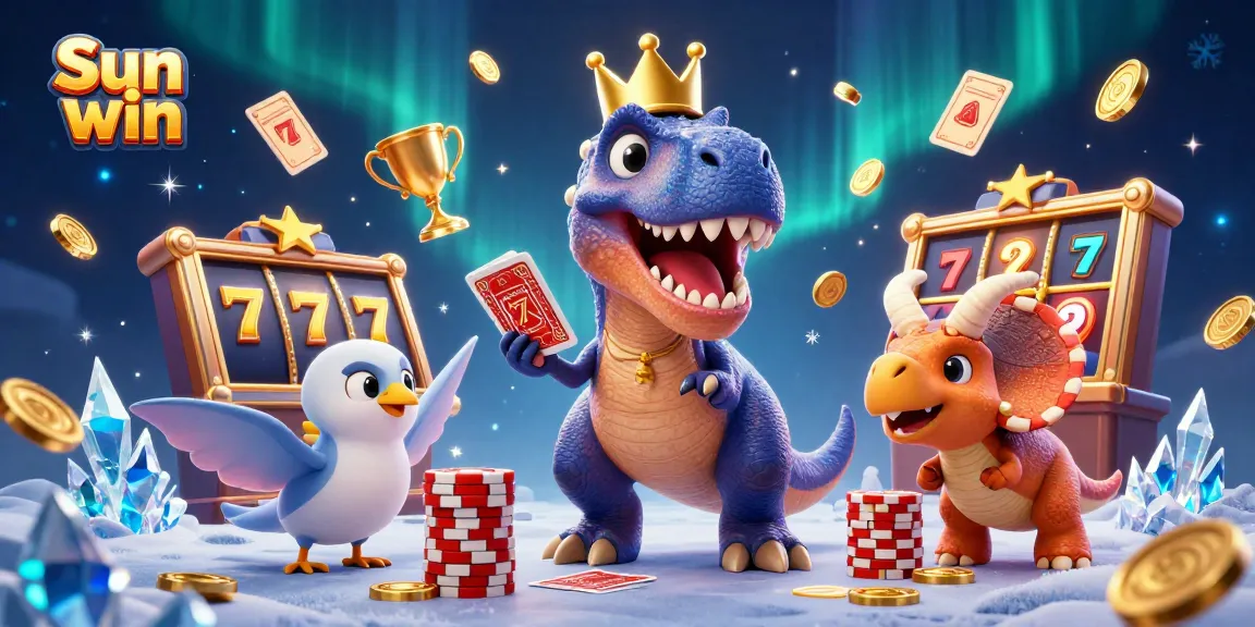 Engage in the thrills of Sun win with our unique 3D scene featuring a playful T-Rex and friends in a vibrant gaming world.