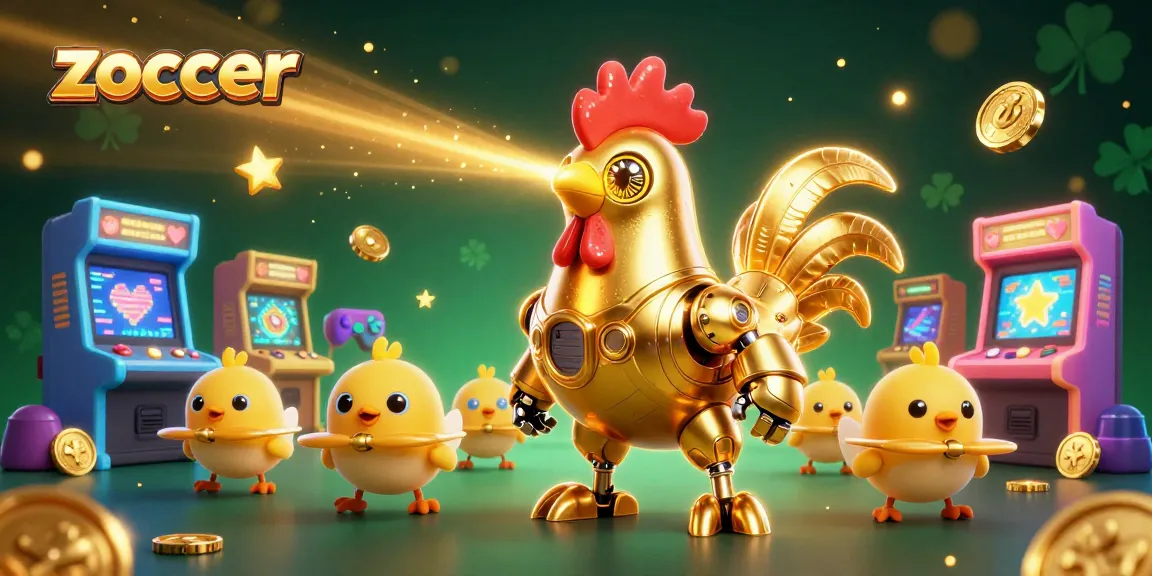 Engage in zoccer-themed fun with a vibrant 3D illustration featuring a golden rooster robot and gaming elements.