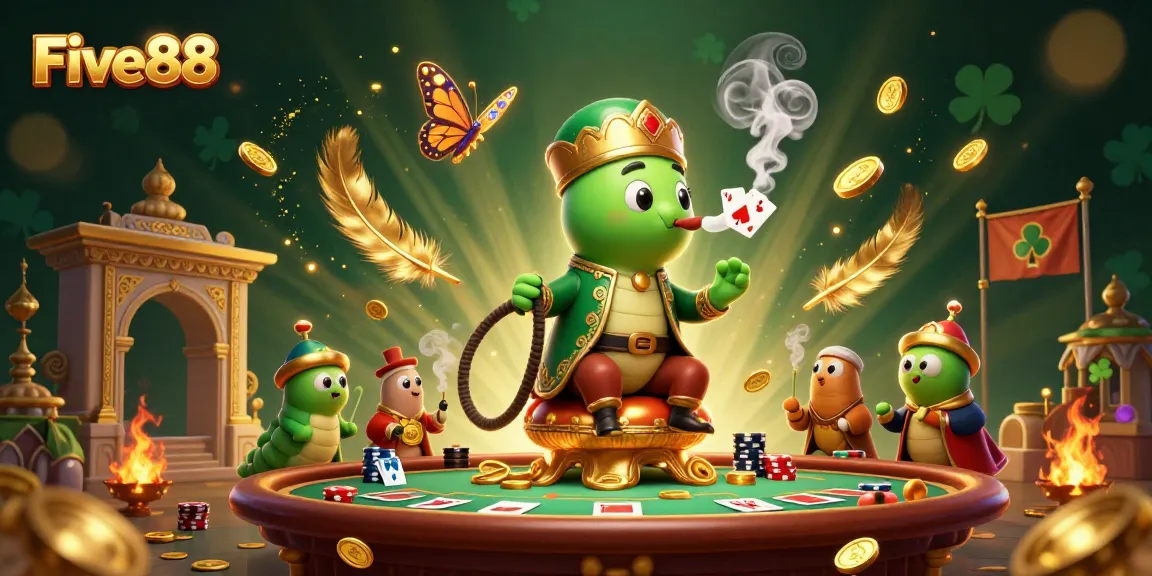 Five88 poker-themed illustration with a caterpillar hookah master amid coins and smoke rings.