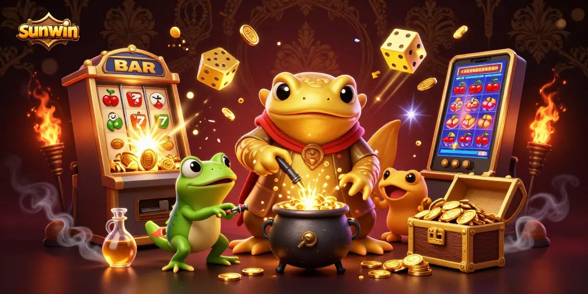 Experience sunwin's charm with a mystical golden alchemist in a captivating casino scene.