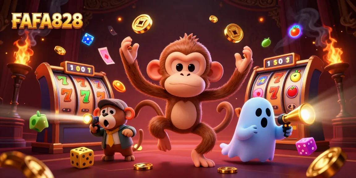 FAFA828 fun-filled view of a charming poltergeist monkey juggling golden coins and slot elements in a vibrant haunted casino.