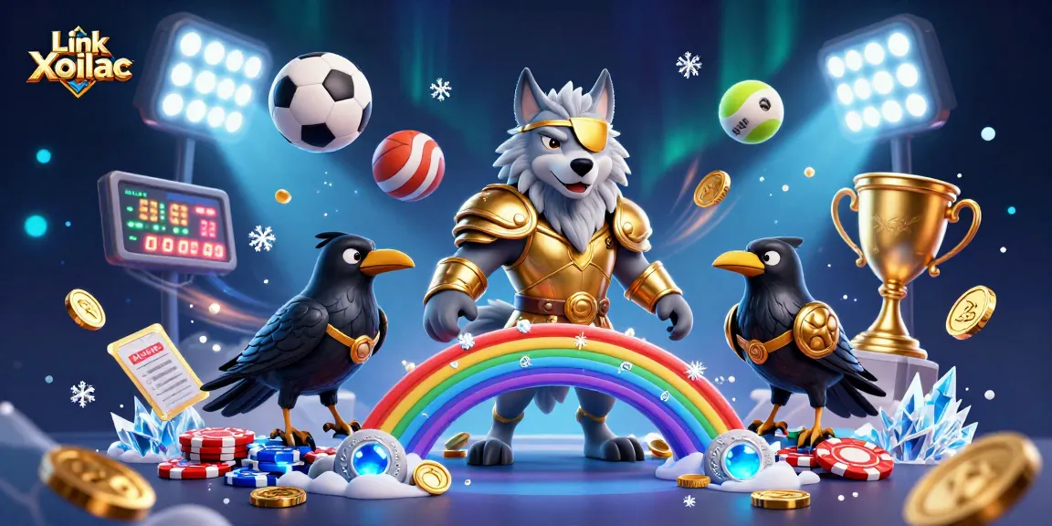 Link Xoilac showcases a vibrant 3D illustration with Odin and sports elements in a rich casino setting.