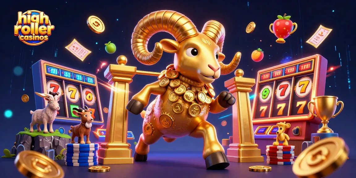 Experience the excitement of high roller casinos with a dynamic 3D scene featuring a golden ram charging and slots surrounding it.